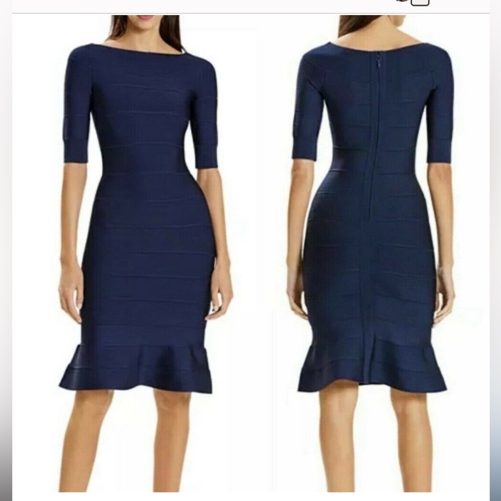Herve Leger Blue Long Sleeve Bateau Bodycon Dress